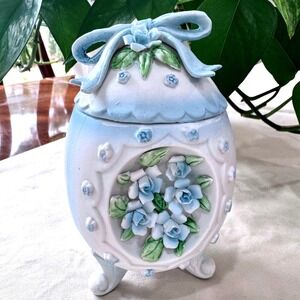 Vintage Porcelain Egg Trinket Box Blue Roses Cottagecore Easter Spring Decor